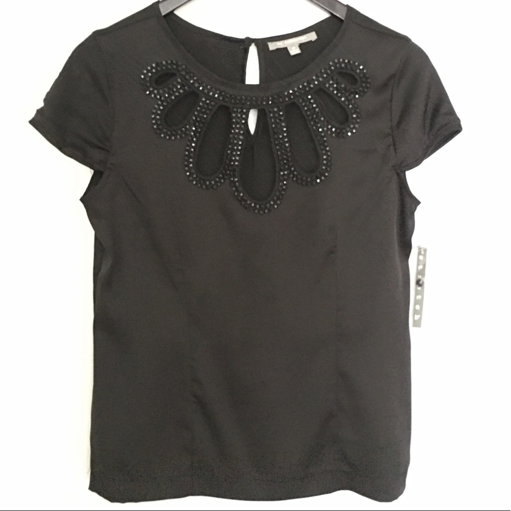 NY COLLECTION Black Embellished Cap Sleeve Top M